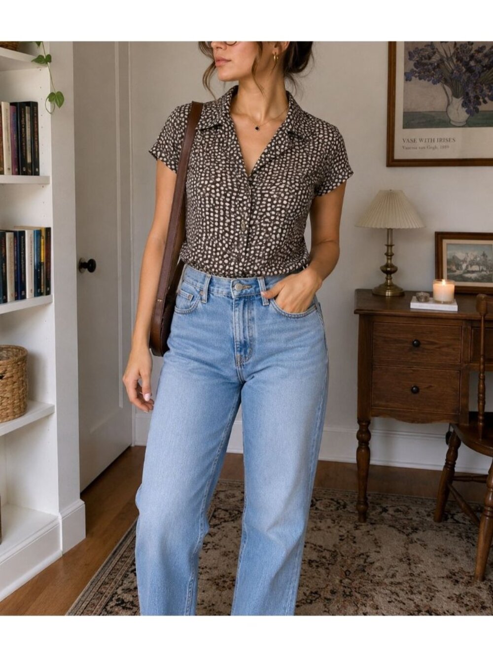 Charter Club Silk Brown Pebble Print Button Front Blouse Career Minimalist sz 6